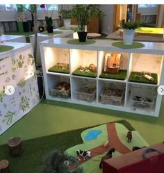 a room filled with lots of green plants and small toy animals on top of shelves