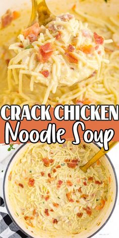 this is an image of chicken noodle soup in a bowl with the title overlay