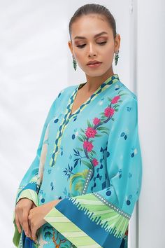 Sea Blue And Navy Blue Crepe Printed Kurta And Matching Printed Panwar – Sania Maskatiya International Blue Bohemian Unstitched Dress, Fitted Blue Kurta For Summer, Blue Fitted Tunic Kurta, Light Blue Long Sleeve Summer Kurta, Blue Unstitched Digital Print Kurta, Blue Digital Print Unstitched Kurta, Blue Ikat Print Top For Summer, Blue Bohemian Tops With Abstract Print, Bohemian Blue Tops With Abstract Print