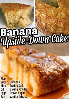 banana upside down cake with caramel glaze on the top and bottom, along with instructions for how to bake it