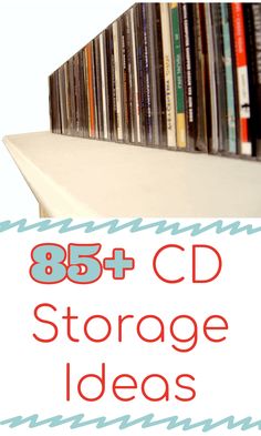 a shelf with cd's on it and the words, 85 + cd storage ideas