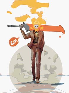 a drawing of a man carrying a large orange object on his shoulders and wearing a suit