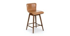 a brown leather bar stool with wooden legs and an upholstered seat on a white background