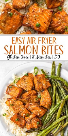 chicken and green beans are served on top of rice in this easy air fryer salmon bites recipe