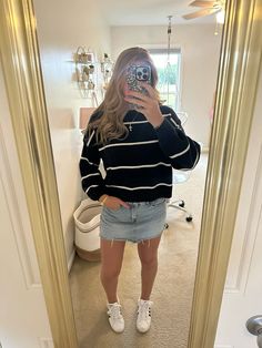 #outfits #ootd #sweater #skirt #jeanskirt #comfy #fashion #fit Long Jean Skirt Winter Outfit, Sweater With Denim Skirt, Jean Skirt Outfits For School, Sweater Outfits Skirt, Jean Skirt With Sweater, Short Jean Skirt Outfits Fall, Jean Skirt And Sweater Outfit, Short Jean Skirt Outfits, Jean Skirt Outfits Fall