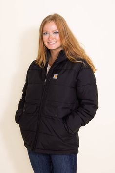 This Carhartt Relaxed Fit Midweight Utility Jacket for Women in Black is perfect for those cold weather days. There is a simple full zip construction, two hand pockets and water repellent material makes this a daily wear!  Features:CarharttStyle: 105457-N04Color: Black100% NylonWomen’s jacketHooded with full zip frontSherpa lined body and hoodDrawcord-adjustableSnap button lower front pockets, one inner pocketLeft chest pocket with Carhartt logo patchRain Defender durable water repellentRelaxed fitMeasurements from size small:Length from center back: 27” Chest: 44”Machine wash cold, tumble dry low Carhartt Jacket Women Black, Black Carhartt Hoodie Women, Carhartt Style, Carhartt Logo, Women In Black, Carhartt Womens, Weather Day, Jacket For Women, Winter Coats Women