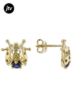 .15ctw Round Blue Sapphire Solitaire, 10k Yellow Gold Ladybug Earrings. Measure approximately .35"L x .34"W. Push backs. Ladybug Earrings, Sapphire Solitaire, Blue Sapphire, Sapphire, Yellow Gold, Yellow, Gold, Blue