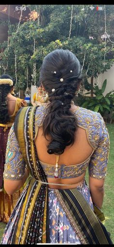 Hairstyles For Langa Davani, Hair Styles For Half Saree, Half Saree Hairstyles, Traditional Hairstyle For Saree, Lehenga Hairstyles, Blue Blouse Designs