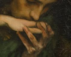 a close up of a painting of a person holding something in their hands and looking down