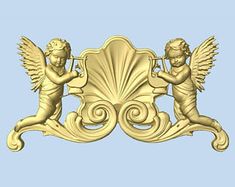 two cherubs with wings on a gold plaque