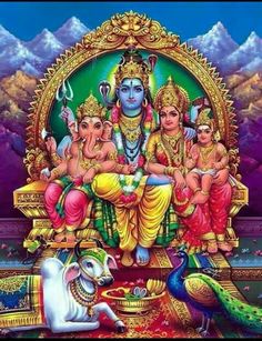 lord ganesha and his family sitting on the throne with their animals in front of him