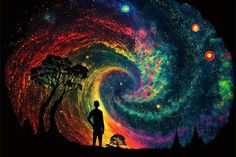 a man standing in front of a painting of a spiral galaxy with stars and trees