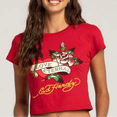 Ed Hardy Love Eternal Roses Red Tee/Sz:L/Nwt Brand New With Tags! Size: Large/ Xl On Tag But Runs One Size Smaller/Armpit To Armpit:18.5”/Length:24” Color: Red Multi Material: 100% Cotton Please Read The Description And Check Measurements Before Purchase! If You Have Any Questions Please Let Me Know Via Message! Happy Shopping! Fitted Cotton Top With Rose Print, Cotton Graphic Tee With Rose Print, Red Rose Print Cotton Tops, Red Cotton Tops With Rose Print, Long Shirt Women, Eternal Roses, Black Crop Tee, Roses Red, Red Tee