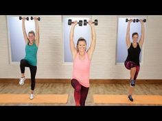 three women are doing exercises with dumbbells in front of their heads and arms