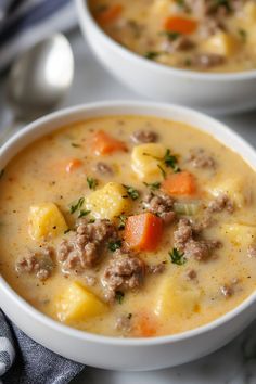 two white bowls filled with soup on top of a table