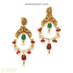 22K Gold 'Peacock' Drop Earrings (Chand Bali) With Pearls & Beads (Temple Jewellry) - 235-GER7743 - Buy this Latest Indian Gold Jewelry Design in 11.200 Grams for a low price of $602.34 Traditional Clip-on Earrings, Traditional Clip-on Dangle Earrings, Festive Clip-on Drop Earrings, Traditional Clip-on Earrings For Festive Occasions, Temple Jewellery Gold, Bharatanatyam Jewellery, Indian Temple Jewellery, Gold Long Earrings, Gold Jhumkas