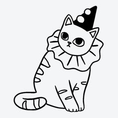 a black and white drawing of a cat wearing a party hat