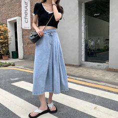 High Waist A-Line Irregular Long Pleated Jeans Skirt – Tomscloth Asymmetrical Jeans, Long Jeans Skirt, Midi Skirt Y2k, Pleated Jeans, Pleated Denim Skirt, A Line Denim Skirt, Pleats Pattern, Instagram Dress, Baby Tees Y2k