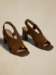 Leather Crossover Heeled Sandal | Banana Republic Factory Brown Leather T-strap Sandals With Block Heel, Brown Suede Slingback Sandals, Formal Brown Suede Sandals, Brown Leather Block Heel Slingback Sandals, Leather Slip-on Sandals With Heel Strap, Brown Suede Sandals With Heel Loop, Chic Brown Slingback Sandals With Leather Footbed, Brown Suede Open Toe Slingback Sandals, Brown Open Toe Suede Slingback Sandals