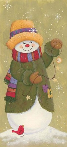 a painting of a snowman wearing a hat and scarf