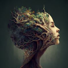 a woman's head with trees growing out of the top and bottom of it