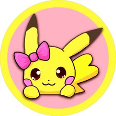 a cartoon pikachu with a pink bow on her head sitting in front of a yellow circle