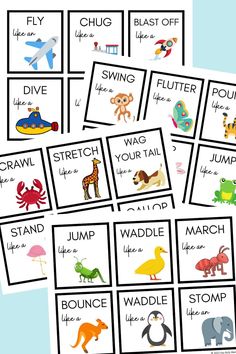 printable flash cards with pictures of different animals and words on them, including the word's names