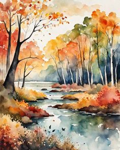 a painting of trees and water in the fall