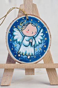 Hand painted wood slice ornament with the image of Angel Christmas Decor Wood, Homemade Art, Birds Art, Art Christmas