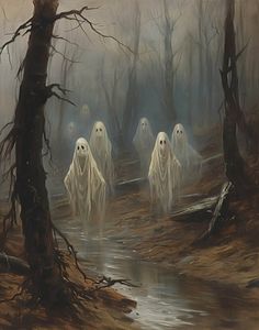 a painting of three ghost walking in the woods