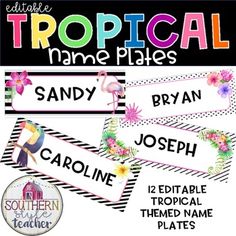 tropical name plates with flowers and birds