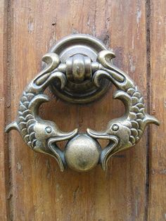 an ornate door handle on a wooden door