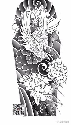 a black and white drawing of a bird with flowers on it's back side