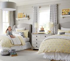 Girls Bedroom Grey, Bed Lighting, Shared Girls Room, Shared Girls Bedroom, Shared Bedroom, Twin Bedroom, Girl Bedroom Designs, Room Deco