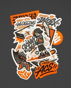 an assortment of stickers on a black background with orange and white lettering that says,