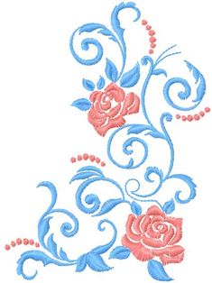 an embroidered design with flowers and leaves on white paper, in blue and pink colors