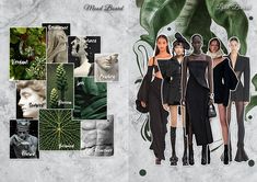 a collage of women dressed in black and green with images of plants on them