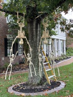 halloween decorations are hanging on the tree in front of a house