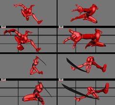 various poses of a person in red and black