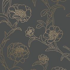 gold flowers on a dark gray background with leaves and stems drawn by hand in line