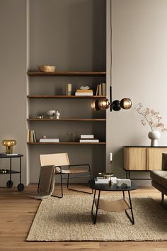 a living room filled with furniture and a large book shelf in the middle of it