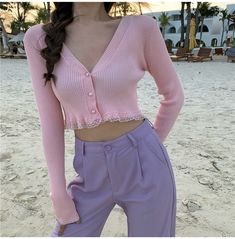 Keep warm and stylish with this long sleeve knitted crop sweater top. featuring a fashionable design with buttons and knitted fabric for a comfortable fit. Cheap Trendy Pink Knit Top, Cheap Casual Pink Knit Top, Fall Outfits Streetwear, Embroidery Crop Top, Streetwear Cartoon, Knitted T Shirt, White Lace Shorts, Outfits Streetwear, Sweater Crop