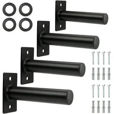 four black door handles with screws and bolts