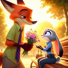 the fox and the bunny are sitting on a bench, one is giving flowers to the other