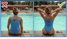 a woman in a blue swimsuit sitting next to a pool