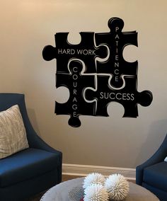 Motivational Wall Quote for Office Decor. Hard Work, Patience, Courage, Success Inspirational Puzzle Pieces Wall Decal Sticker. #1114 Start your day with a positive mindset! Custom Sizes Available: *All sizes are available, so if you need a bigger or smaller size decal, let us know before you purchase.  Additional fees for larger size cuts may apply. *Some decals may come in multiple pieces due to the size of the design. *Our decals can be positioned indoors or outdoors. How to Apply Decal: *Ins Puzzle Piece Wall Decor, Large Wall Office Decor, Wall Vision Board Ideas, Motivational Room Decor, Motivational Room Decor Ideas, Puzzle Quotes Inspiration, Office Board Decoration Ideas, Office Quotes Motivational Wall Art, Elementary Principal Office Decor Ideas