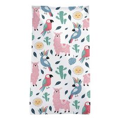 a white towel with colorful birds and cactuses on the front, and an image of a