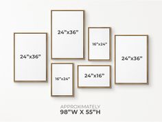 six framed canvass are shown with measurements for each size and width in different sizes