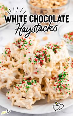 white chocolate haystacks on a plate with sprinkles