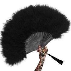 a hand holding a fan with black feathers on it